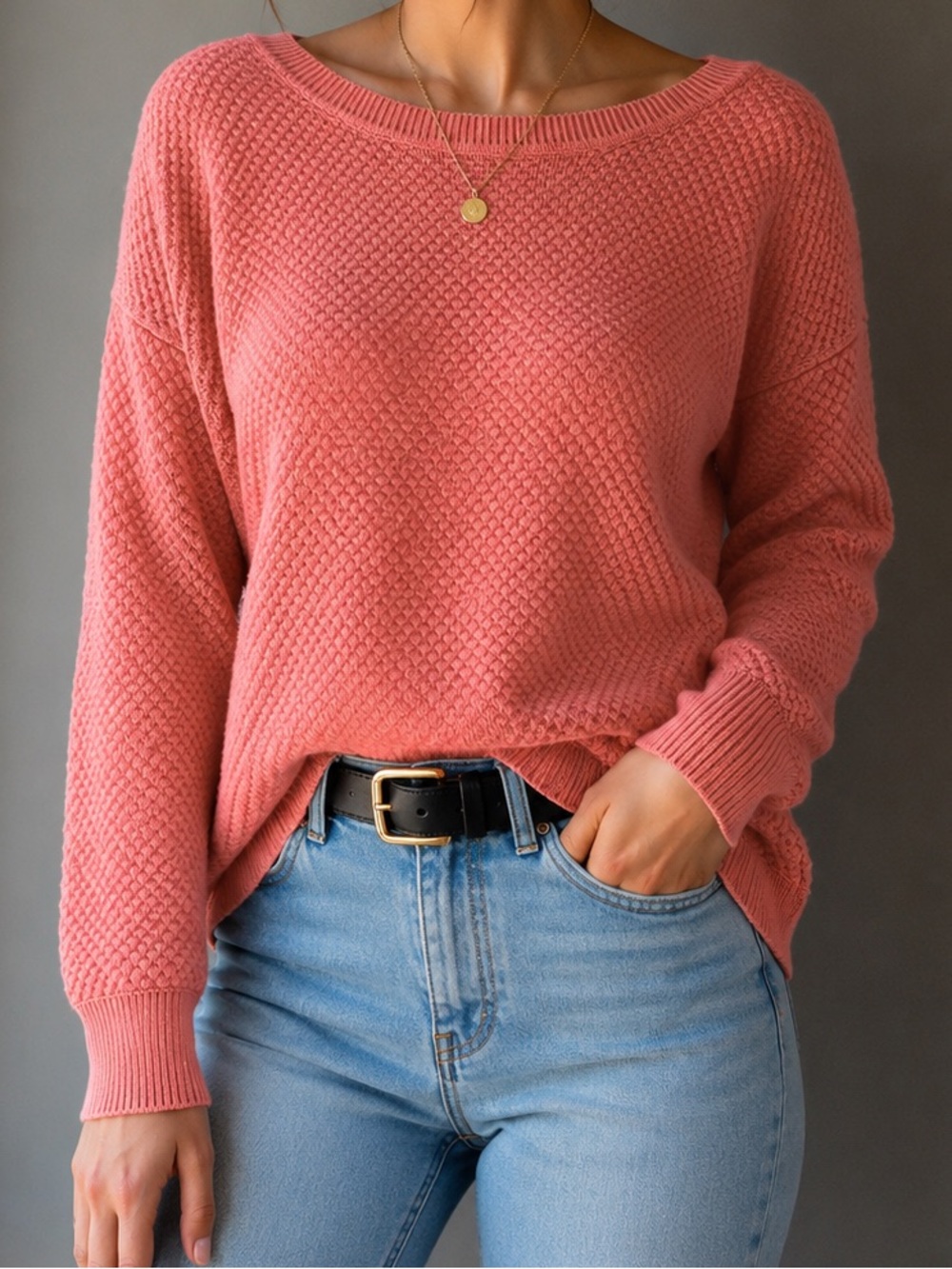 Matty M Pink Textured Knit Sweater Size Large Cozy Oversized Cotton Pullover